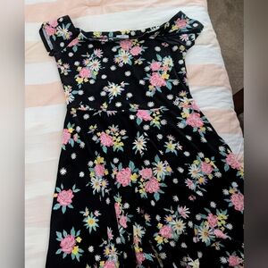 Women's Black Floral A-line Dress with Pink Roses